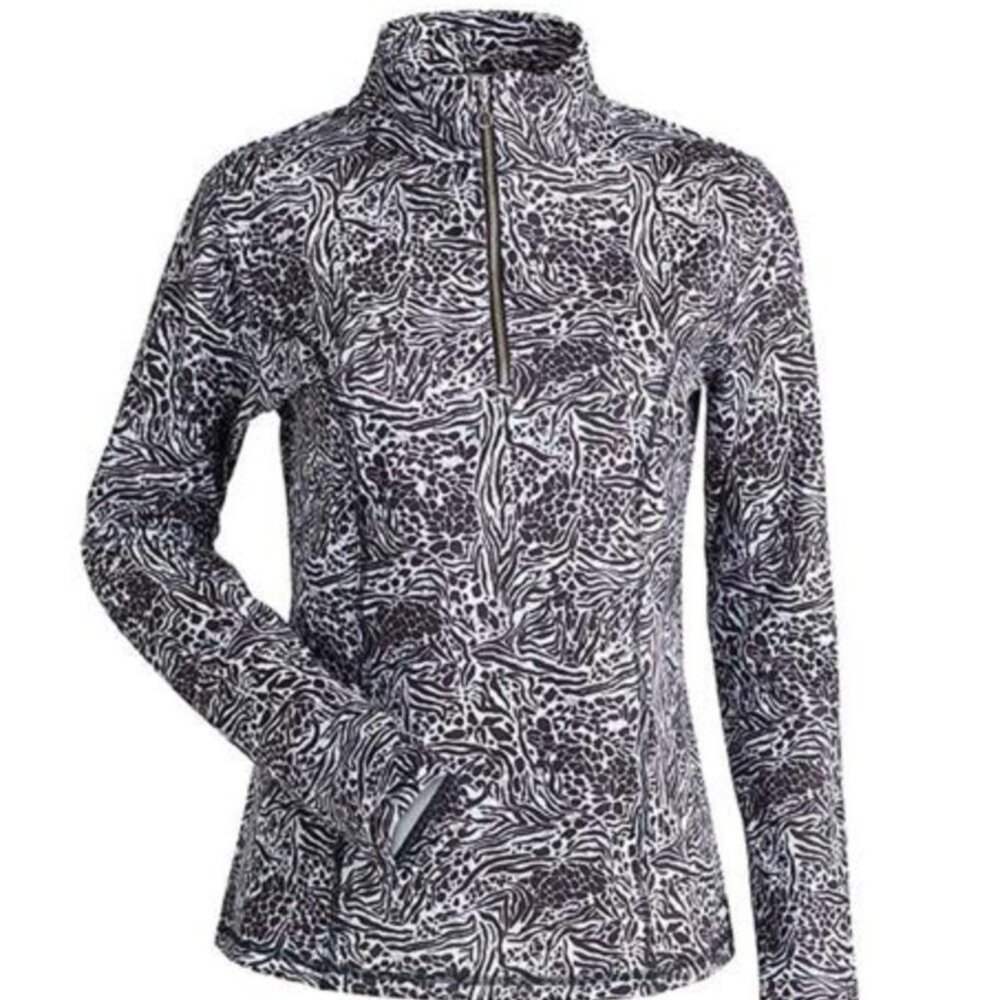 NILS Black Leopard Print Half Zip Base Layer Ski Top Small